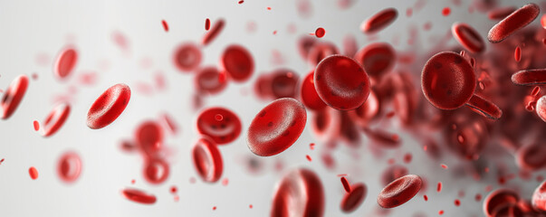 Red blood cells flow on white background, Medical banner