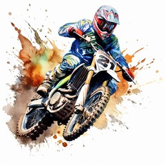 A motocross rider in action watercolor clipart illustration on white background