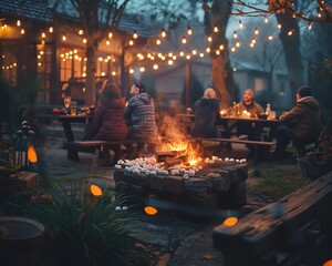 Evening barbecue party with people gathered around a fire pit, marshmallows roasting, fairy lights overhead, Cozy, Warm Glow, HighResolution Photography