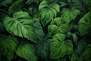 Nature leaves, green tropical forest, backgound illustration concept. Dark green tropical leaves ( monstera, palm, coconut leaf, fern, palm leaf,bananaleaf) Panorama background. 