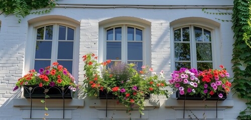 Beautiful window boxes, vibrant flowers cascading, white walls, and a serene morning light. 