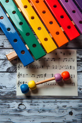 Aerial View of a Rainbow Xylophone on Sheet Music: The Harmony of Colors and Musical Notes