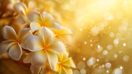 A beautiful yellow background with golden rays of sunlight shining on the delicate petals of frangipani flowers, creating an enchanting and dreamy atmosphere.
