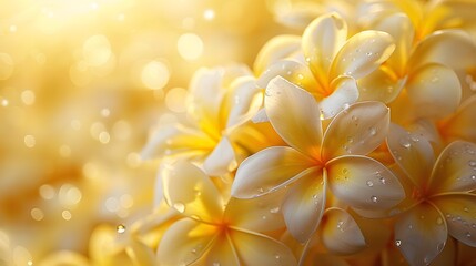 A beautiful yellow background with golden rays of sunlight shining on the delicate petals of frangipani flowers, creating an enchanting and dreamy atmosphere.
