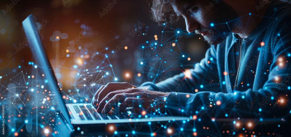 Poster tech professional exploring digital networks, big data & iot on futuristic computer interface - male