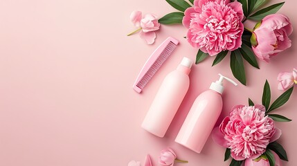 Shampoo and conditioner with peony flower and comb on color background