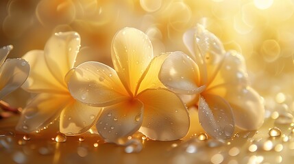A beautiful yellow background with golden rays of sunlight shining on the delicate petals of frangipani flowers, creating an enchanting and dreamy atmosphere.
