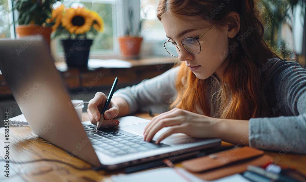 Aufkleber online education: student taking notes with pencil on notebook while attending e-learning class via 