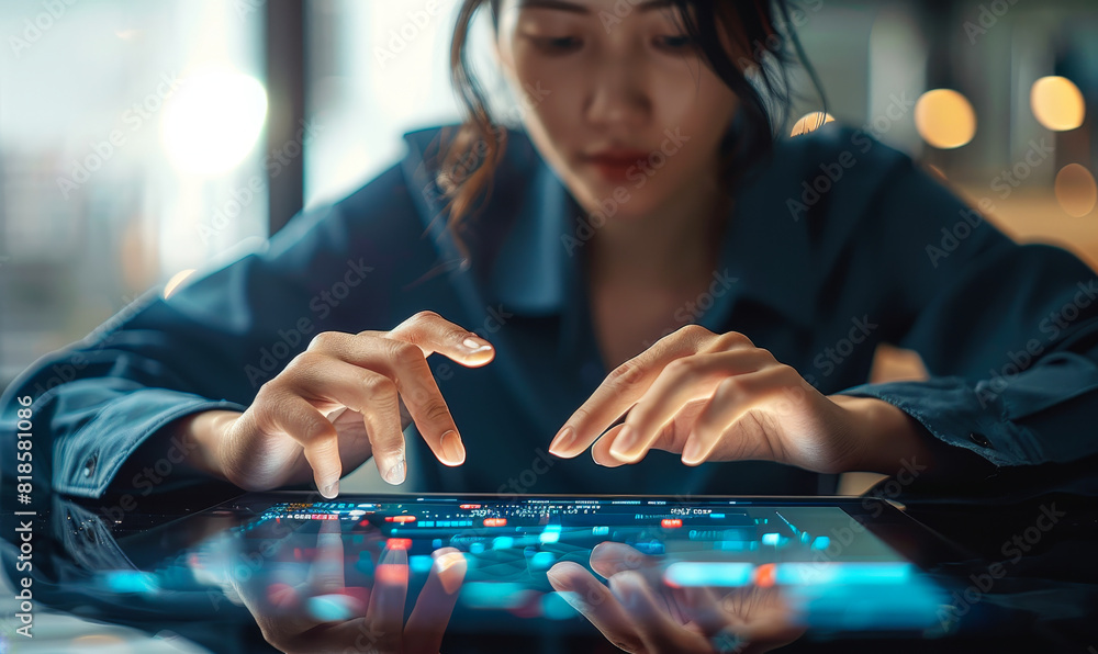 Poster businesswoman using tablet computer with laptop, closeup finger touching screen reflecting data usag