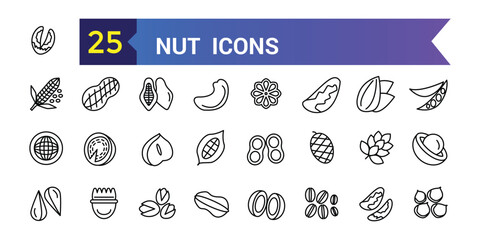 Nut icon set. Outline set of nut vector icons for ui design. Outline icon collection. Editable stroke.