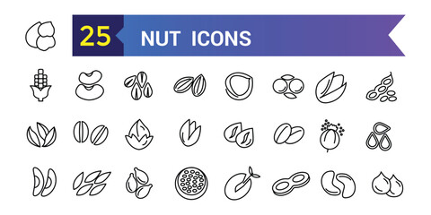 Nut icon set. Outline set of nut vector icons for ui design. Outline icon collection. Editable stroke.