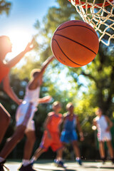 Close-Up Action Shot of Basketball Game Outdoorsю