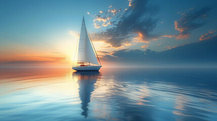 Lone modern sail boat sailing on calm blue water