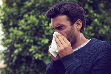 Sick man, depression and outdoor with allergies, flu or cold in fatigue, virus or hayfever in...