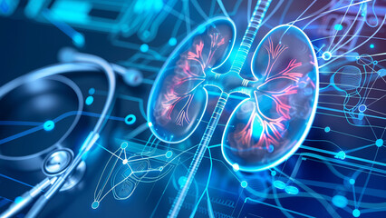 Advanced Medical Illustration of Human Kidneys with Stethoscope and Digital Interface Elements