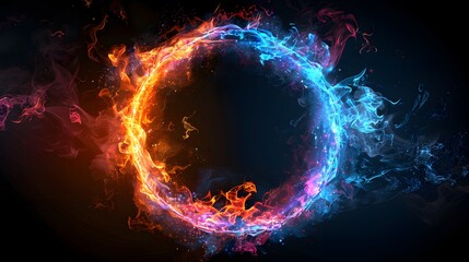 A glowing colorful ring of fire on black background, with the letter O in center, red and blue flames swirling around it, creating an enchanting atmosphere.
 - Powered by Adobe