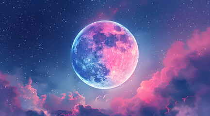 a beautiful pink and blue moon in the sky, surrounded by stars