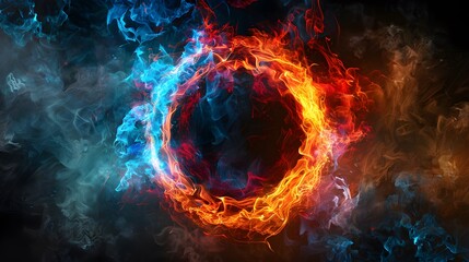 A glowing colorful ring of fire on black background, with the letter O in center, red and blue flames swirling around it, creating an enchanting atmosphere.

