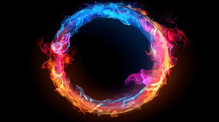 A glowing colorful ring of fire on black background, with the letter O in center, red and blue flames swirling around it, creating an enchanting atmosphere.
