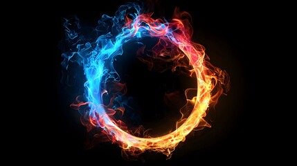 A glowing colorful ring of fire on black background, with the letter O in center, red and blue flames swirling around it, creating an enchanting atmosphere.
