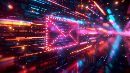 Obraz premium A glowing e mail icon floating in the center of an abstract grid with colorful light streaks . 