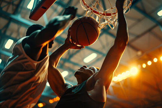 Two basketball players engaged in intense action on the court, showcasing their athletic abilities