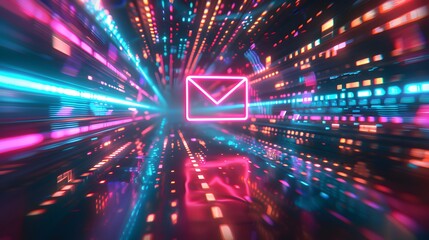 A glowing e mail icon floating in the center of an abstract grid with colorful light streaks .
