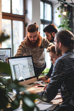 Group of young business people and software developers collaborating as a team in an office setting