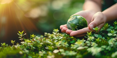 Hands holding a green small planet, symbolic eco gesture for environmental protection