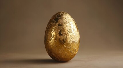 Fototapeta premium A golden egg with gold leafing on the surface, against a neutral background. both the beauty of the gold color and the unique shape of the egg. 