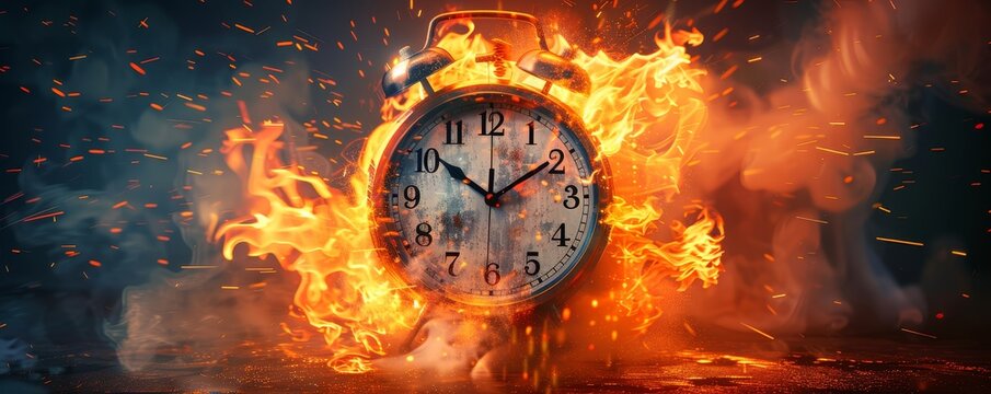 Running after time, alarm clock burning in fire, exploding rush hour, deadline pressure, 