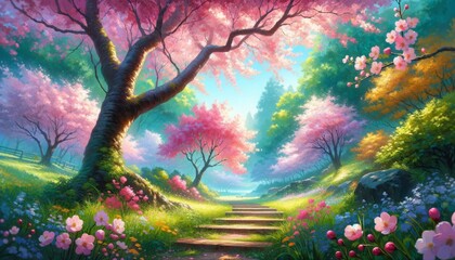 A painting captures the serene beauty of Japanese cherry blossom season