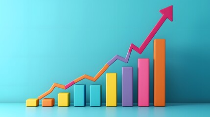 A graph showing an upward trend in sales or growth metrics, with colorful bar charts against a teal background.
