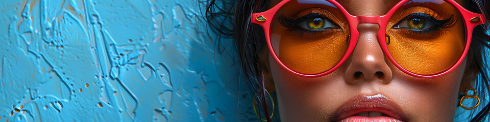 A close up of a womans eye wearing sunglasses against an electric blue wall - Powered by Adobe