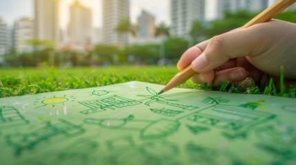 A hand drawing green energy symbols like wind turbines and suns on grass, with urban buildings in the background to represent sustainable city design.
