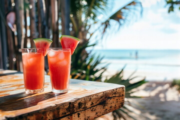 Obraz premium Fresh watermelon juice or smoothie in glasses with watermelon pieces served outdoor at the beach bar against sea background. Copy space. Refreshing and non-alcoholic summer drink concept