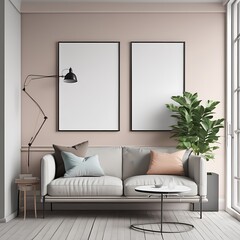 living room space have couch with pillows and a table with a plant on the wall used for printing card design lively attractive.