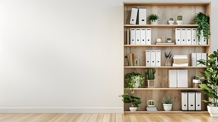 A light wooden bookcase with white sleeves and colour collars, placed on the right side of an empty wall.  The shelf is filled with various office supplies.
