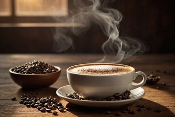 a steaming cup of coffee surrounded by coffee beans and powder