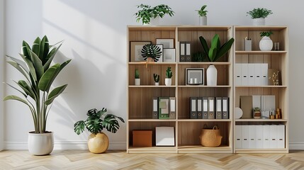 Fototapeta premium A light wooden bookcase with white sleeves and colour collars, placed on the right side of an empty wall. The shelf is filled with various office supplies. 