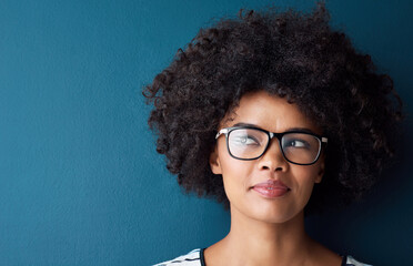 Black woman, thinking and glasses as prescription with frame for eyewear or eyesight, vision and...