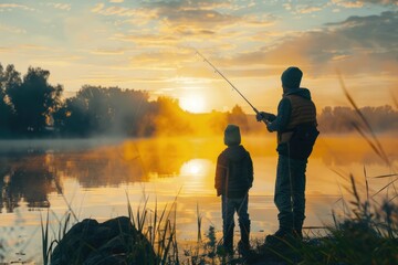 A photo of a dad and his son casting fishing lines together on a peaceful lake at sunrise, showcasing a bonding experience in nature.