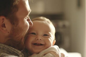 A photo of a new dad holding his smiling baby for the first time, with soft, natural light illuminating the tender moment.