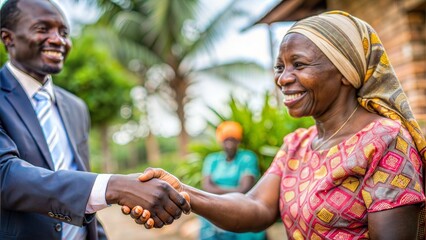 Woman Receiving Microloan – Handshake with Agent: A close-up image capturing the moment a female entrepreneur shakes hands with a microfinance agent, symbolizing trust and agreement.
