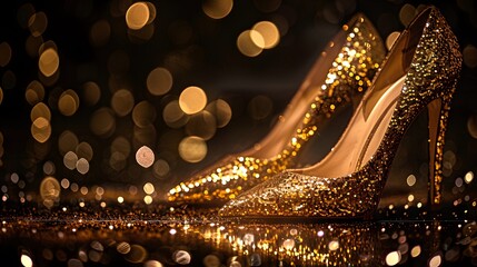 A pair of high heels with gold sequins, shining under the lights on black background. The shoes have pointed be part of an elegant evening dress or special event attire.
