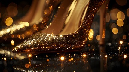 A pair of high heels with gold sequins, shining under the lights on black background. The shoes have pointed be part of an elegant evening dress or special event attire.
