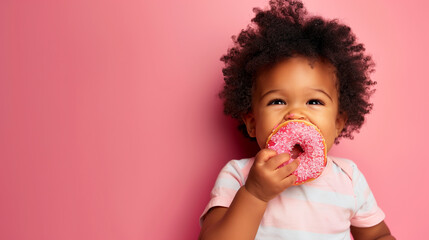 copy space, stockphoto, happy black toddler eating a donut, national donut day theme. Happy black african-american child with a donut. Colorful image. Sugar food. Child is having a good time, unhealth