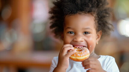 copy space, stockphoto, happy black toddler eating a donut, national donut day theme. Happy black african-american child with a donut. Colorful image. Sugar food. Child is having a good time, unhealth