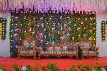 Beautiful Marriage Hall Decoration with empty sofa set on floor | Indian wedding ceremony decoration