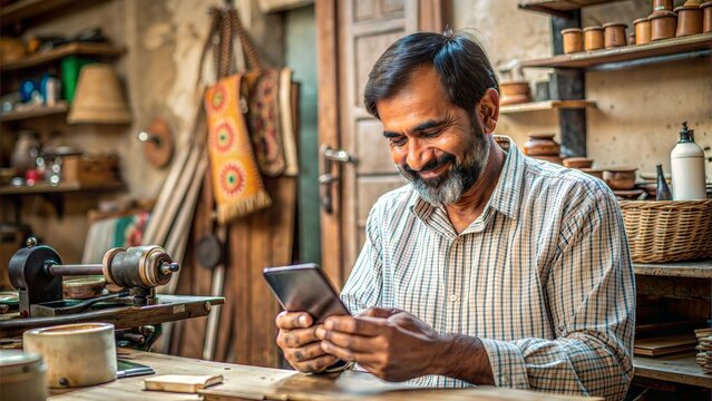 Craftsman Checking Finances – Using Microfinance: An artisan in a workshop, reviewing his finances on a smartphone, illustrating how microfinance supports small businesses.
